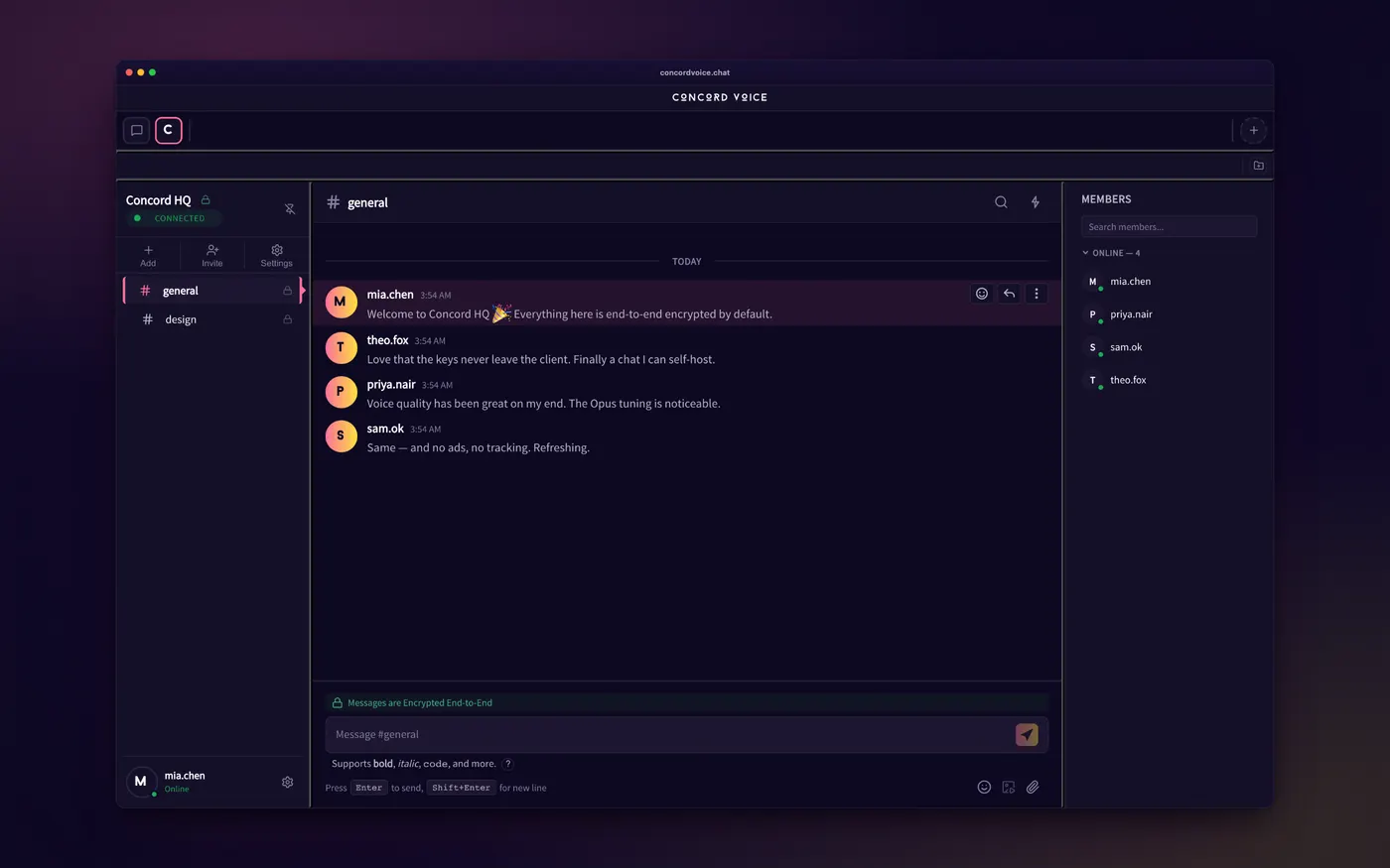 The Concord Voice desktop app showing the Concord HQ server, the general channel with end-to-end-encrypted messages, and a members list.