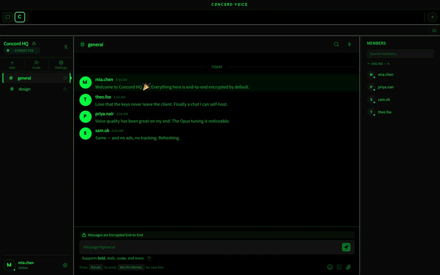 Concord Voice in the hacker terminal-green theme.